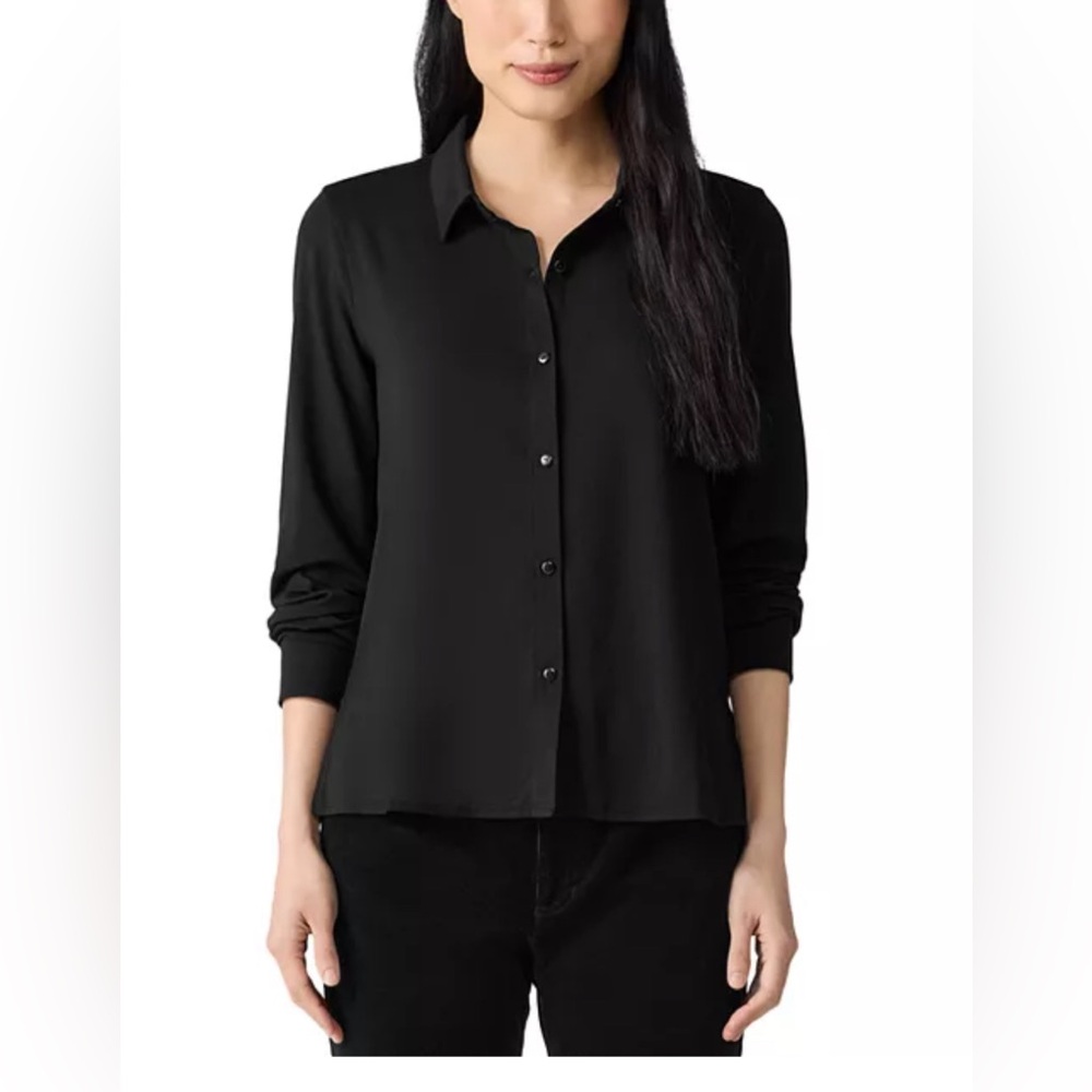 Eileen Fisher Organic Cotton Poplin Classic Collar Button Up Black Shirt PS PP